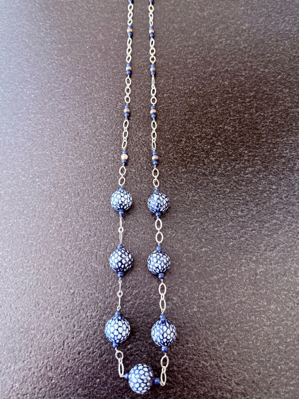 Silver Toned and Blue/White Ceramic Chinoiserie Style Necklace